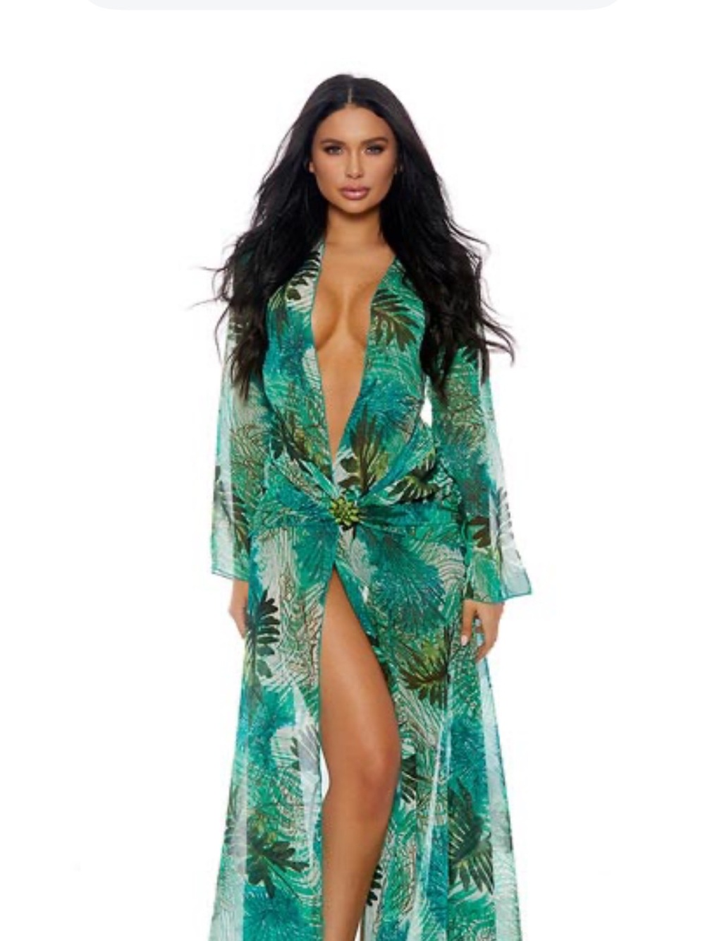 NWT Tropic Of Discussion Green Tropical Print Sheer Maxi Dress L - Picture 2 of 5